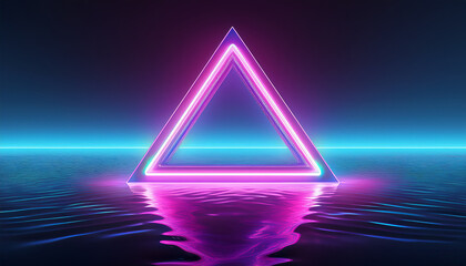 Aufkleber - Glowing triangular ultraviolet neon frame floating above a liquid surface. Holographic gradient