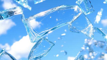 Poster - Shattered glass against blue sky with clouds - geometric fragment pattern for design