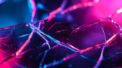 Poster - Vibrant neon cracks on broken glass background for digital designs