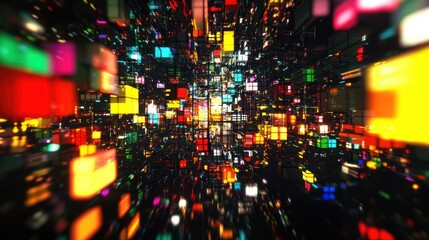 Poster - Abstract colorful digital space with glowing cubes.