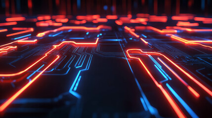 Poster - Futuristic circuit board pattern with glowing neon lights for technology design
