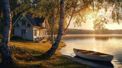 Poster - Lakeside house at sunset, peaceful scene with rowboat.