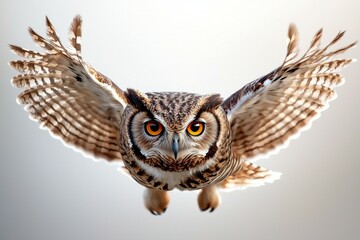 Large owl is flying through the air with its wings spread wide