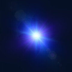 Fototapete - Bright blue lens flare light reflection. Abstract glow and star effect for illustrations and game interface design. Vector