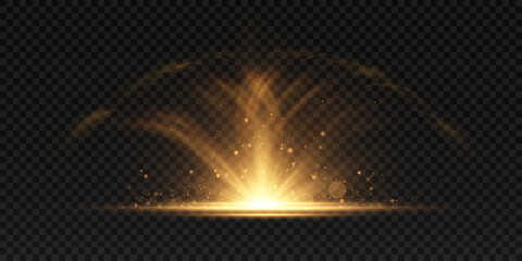Fototapete - Abstract light effect with golden light lines and flash of light in vertical projection on transparent background. Vector illustration