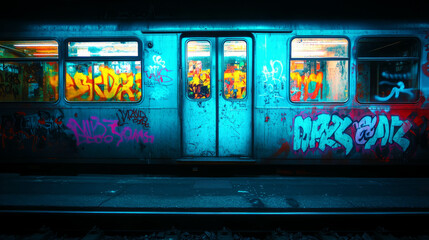 Poster - Urban art and graffiti on dark train car exterior for creative design
