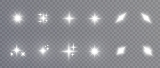 Poster - Set of isolated highlights in white color. Glowing realistic glare for design work. Twinkling stars.	