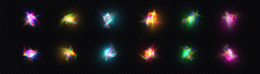 Poster - Rainbow light rays, lens flare, reflection effect from crystal, glass or gem. Vector realistic illustration set of light leak effect with spectrum glare, prism refraction, lens flare	