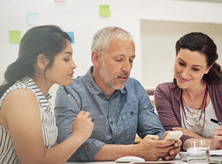 Poster - Startup, meeting and people planning with phone, teamwork and renovation cost analysis in office. Women, man and architecture designers with mentor, notification or mobile app for remodeling project