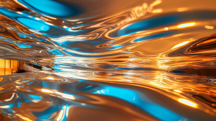 Poster - Abstract waves of distorted reflections in blue and gold mirrored surface