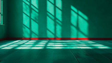 Poster - Abstract green background with distorted shadows on wooden floor for creative design