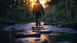© vannet - person walking on stepping stones over a forest spring