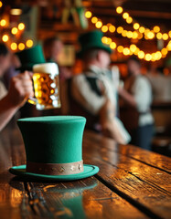 Wall Mural - Saint Patricks day product display podium background, Irish Pub Celebration Scene, dark oak bar table, figures raising glasses of stout beer, green top hats resting on barstools, ad, podium platform