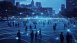© Cedric - Menschen interagieren im digitalen Raum bei Nacht in futuristischer Stadt