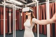 © Pir8prints - Virtual Reality Exploration: A young woman wearing a VR headset, her arms outstretched, explores an immersive virtual environment, suggesting technological innovation and the future of entertainment.