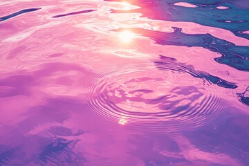 Fototapete - Abstract rippled pink world with a reflection of the sky, clouds, and sun. Empty puddle purple water or liquid creating waves.