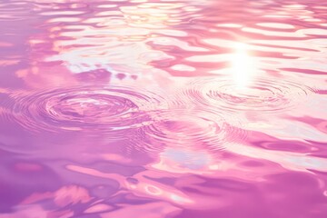 Fototapete - Abstract rippled pink world with a reflection of the sky, clouds, and sun. Empty puddle purple water or liquid creating waves.