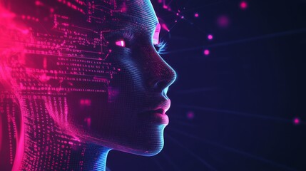 Futuristic face of a woman with binary code and glowing lines, vector design. 