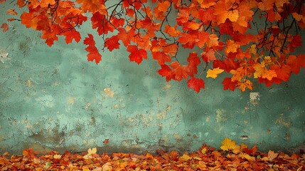 Wall Mural - Autumn leaves fall from tree on green wall. Backdrop