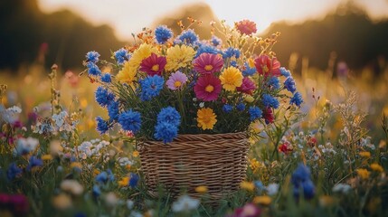 Canvas Print - Basket of flowers in a field at sunset for stock photo