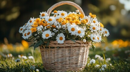 Wall Mural - Basket of white and yellow flowers in a field outdoors