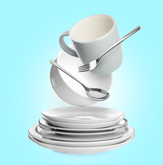 Wall Mural - Clean dishware and silverware flying over stacked plates on light blue background