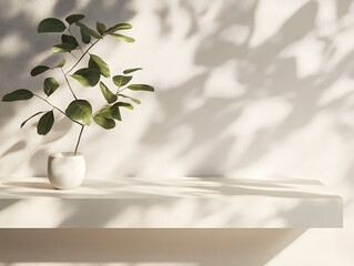 Poster - Modern, minimal empty cream white counter table top in sunlight, tree leaf foliage shadow on wall for luxury organic fashion, beauty, cosmetic, skincare, body care product display background 3D