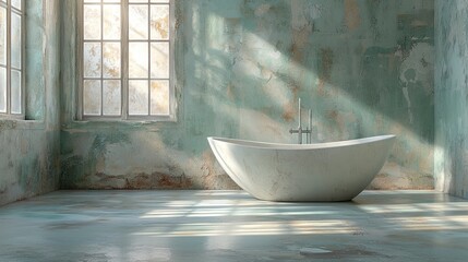 Poster - Bathtub in aged room with sunlights and cracked wall