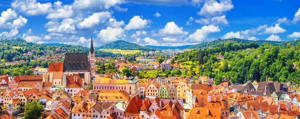 Wall Mural - Summer cityscape, panorama, banner - top view of the historical center of Cesky Krumlov, Czech Republic