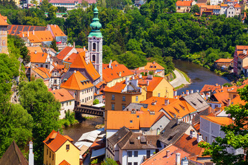 Wall Mural - Summer cityscape - top view from the gardens of the Cesky Krumlov Castle on the historical centre of Cesky Krumlov, the South Bohemian Region, Czech Republic