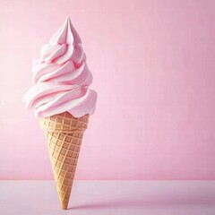 Aufkleber - Soft pink ice cream cone stands alone against a simple pastel background. Generative AI