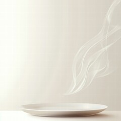 Poster - Steam rising from a freshly served dish on a plain white plate in a minimalist setting. Generative AI
