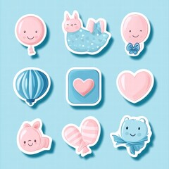 Poster - Colorful and cheerful collection of cute stickers featuring balloons, hearts, and adorable animals on a light blue background. Generative AI