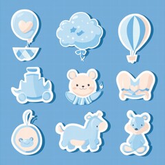 Poster - Cute blue colored stickers featuring animals, balloons, and playful elements in a delightful arrangement for childrens themes. Generative AI