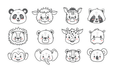 Wall Mural - set of animals. doodle illustration of bear, giraffe, panda, cow, zebra, raccoon, monkey, lion, tige