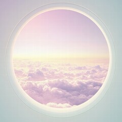 Poster - Captivating view of pastel clouds and soft sunlight through a round window during sunset from an airplane. Generative AI
