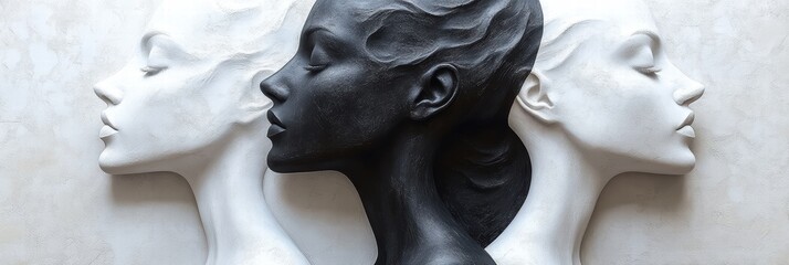Poster - Black and white sculptures representing diverse beauty and unity in artistic expression
