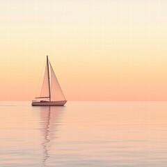 Fototapete - Sailboat gliding on calm waters during sunset with soft pastel sky colors in a tranquil evening setting. Generative AI