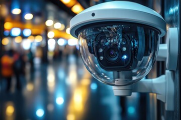 Poster - Surveillance camera capturing activity in a bustling public space during the evening