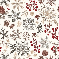 Aufkleber - Winter floral and snowflake pattern featuring pine cones and berries on a cream background for holiday decor. Generative AI