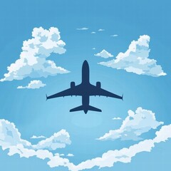 Poster - Airplane flying through a clear blue sky filled with fluffy white clouds over a serene landscape. Generative AI