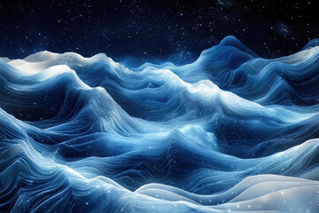 Aufkleber - Abstract digital art depicting a serene, ethereal landscape of flowing, layered mountains under a starry night sky.
