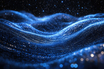 Poster - Abstract blue glowing particles forming wavy landscape, resembling cosmic nebula or digital data flow.