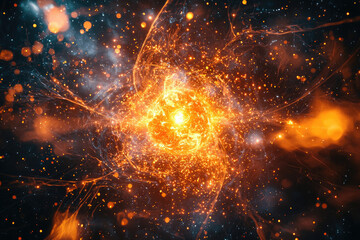 Poster - A vibrant cosmic explosion, fiery nebula swirling with energy and light, cosmic dust and sparks.