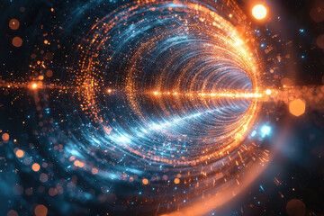 Poster - Abstract swirling tunnel of vibrant orange and blue energy, glittering particles, cosmic, futuristic.
