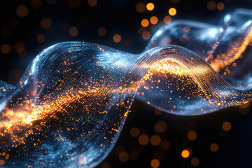 Poster - Abstract swirling blue and orange energy wave with glittering particles on a dark background.