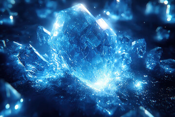 Poster - Glowing blue ice crystals, sharp facets, and vibrant light illuminate a captivating winter scene.
