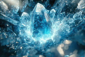 Poster - A mesmerizing cluster of luminous blue crystals, glowing intensely from within a dark cavern.