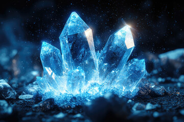 Poster - Luminous blue crystals cluster together, glowing intensely in a dark, mysterious environment.