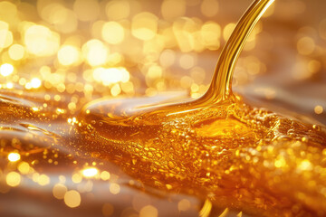 Poster - Golden liquid pouring, creating ripples and bubbles against a bokeh background.